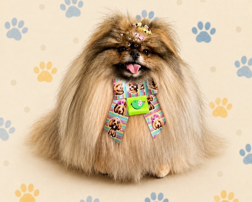 Jujuba, lulu da Pomerânia, com a pelagem escovada e bandana depois do banho na UAU! Pet
